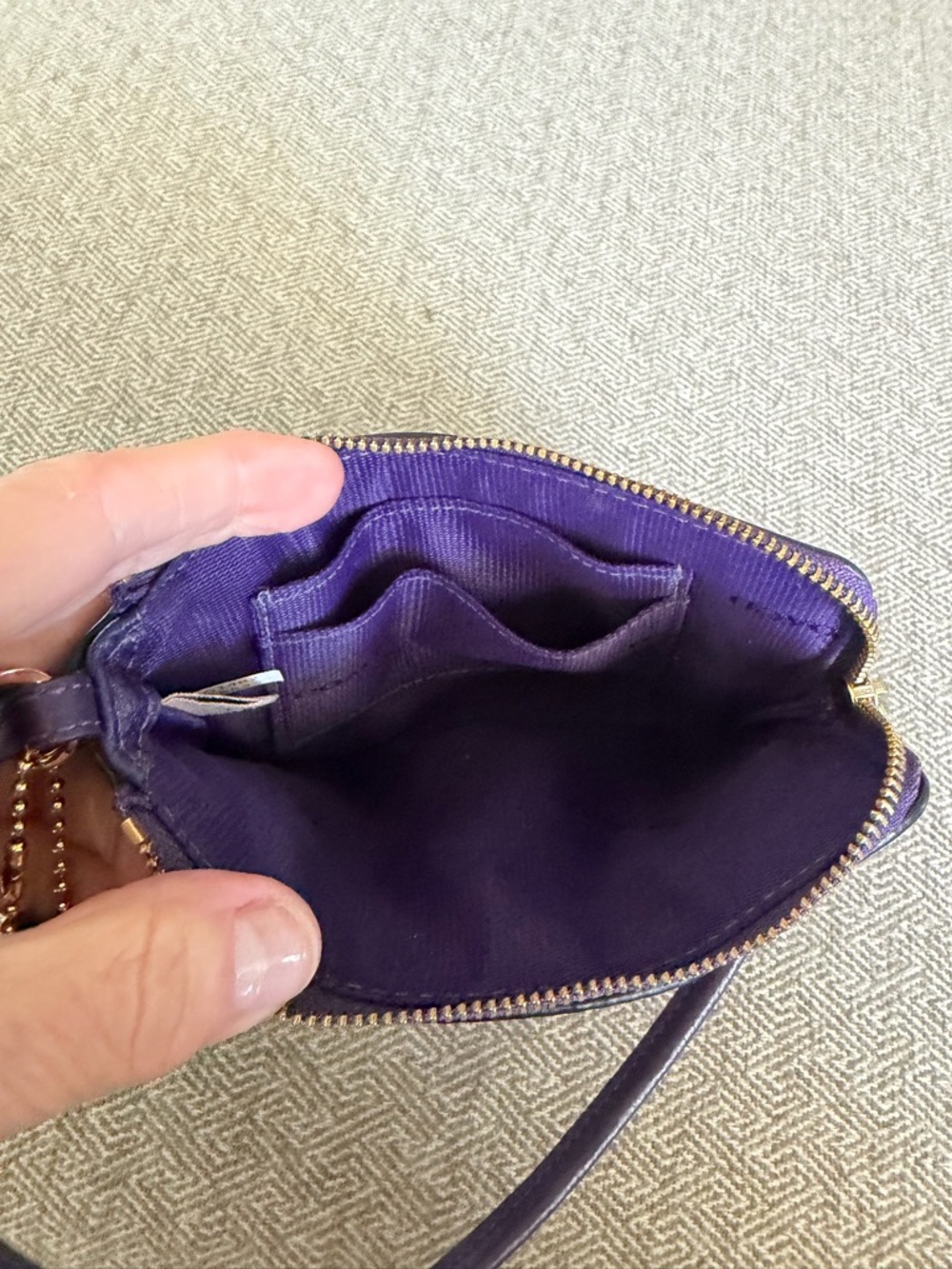 Coach Purple Pebbled Leather Corner Zip Wristlet with Gold Horse/Carriage logo - Picture 7 of 7